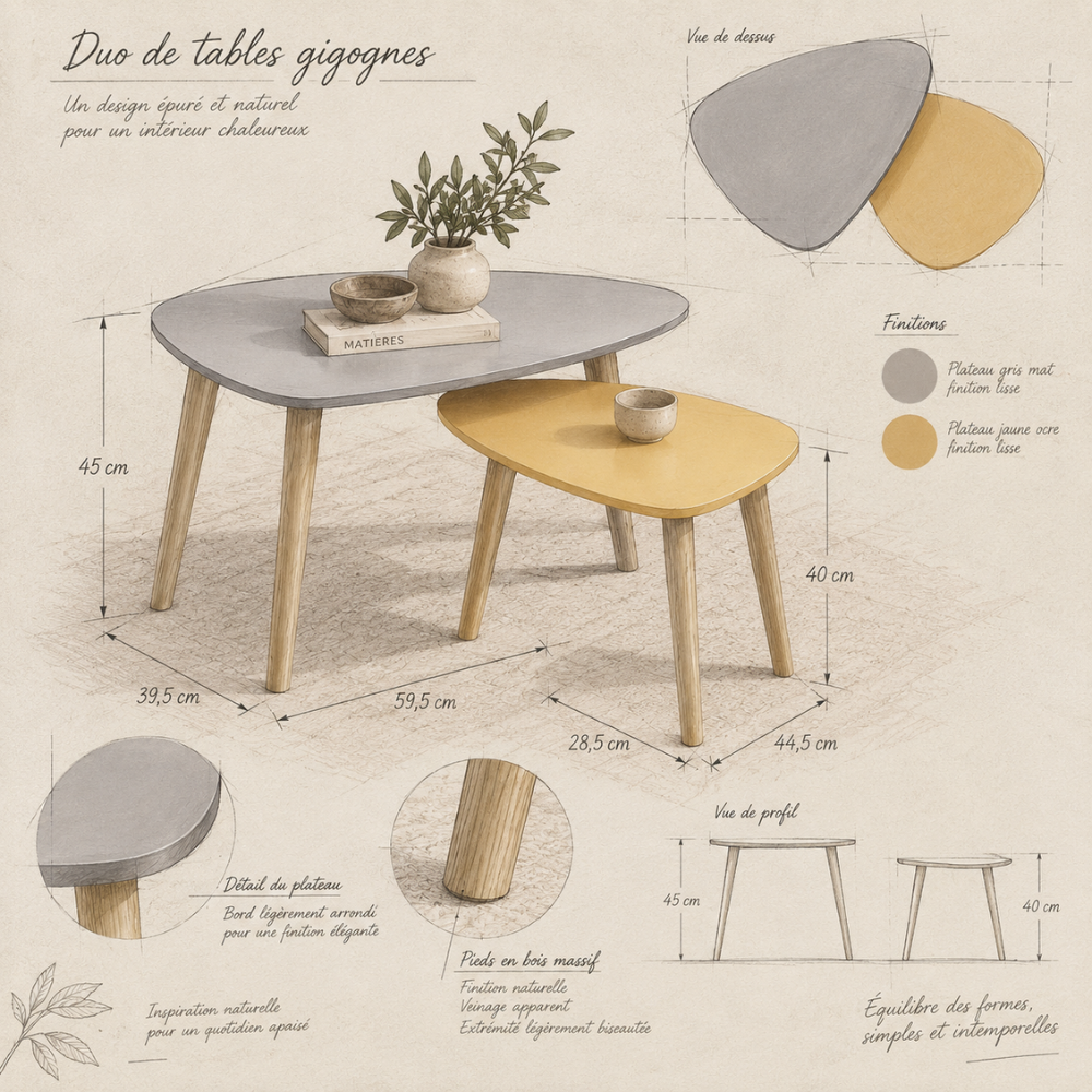 Duo de tables gigognes scandinaves triangulaires bois gris et jaune – vue 6