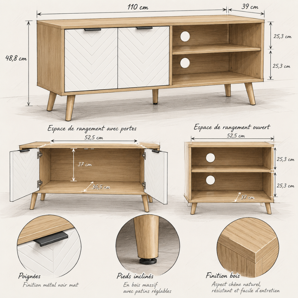 Meuble TV scandinave bois et blanc, portes à chevrons, 110 cm