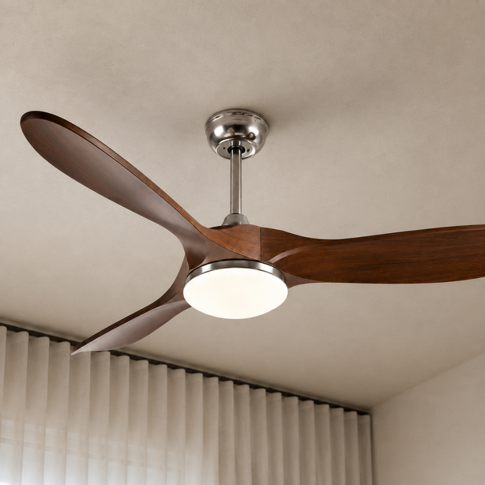 Ventilateur de plafond LED DC 3 pales bois massif, finition noyer sable – vue 4