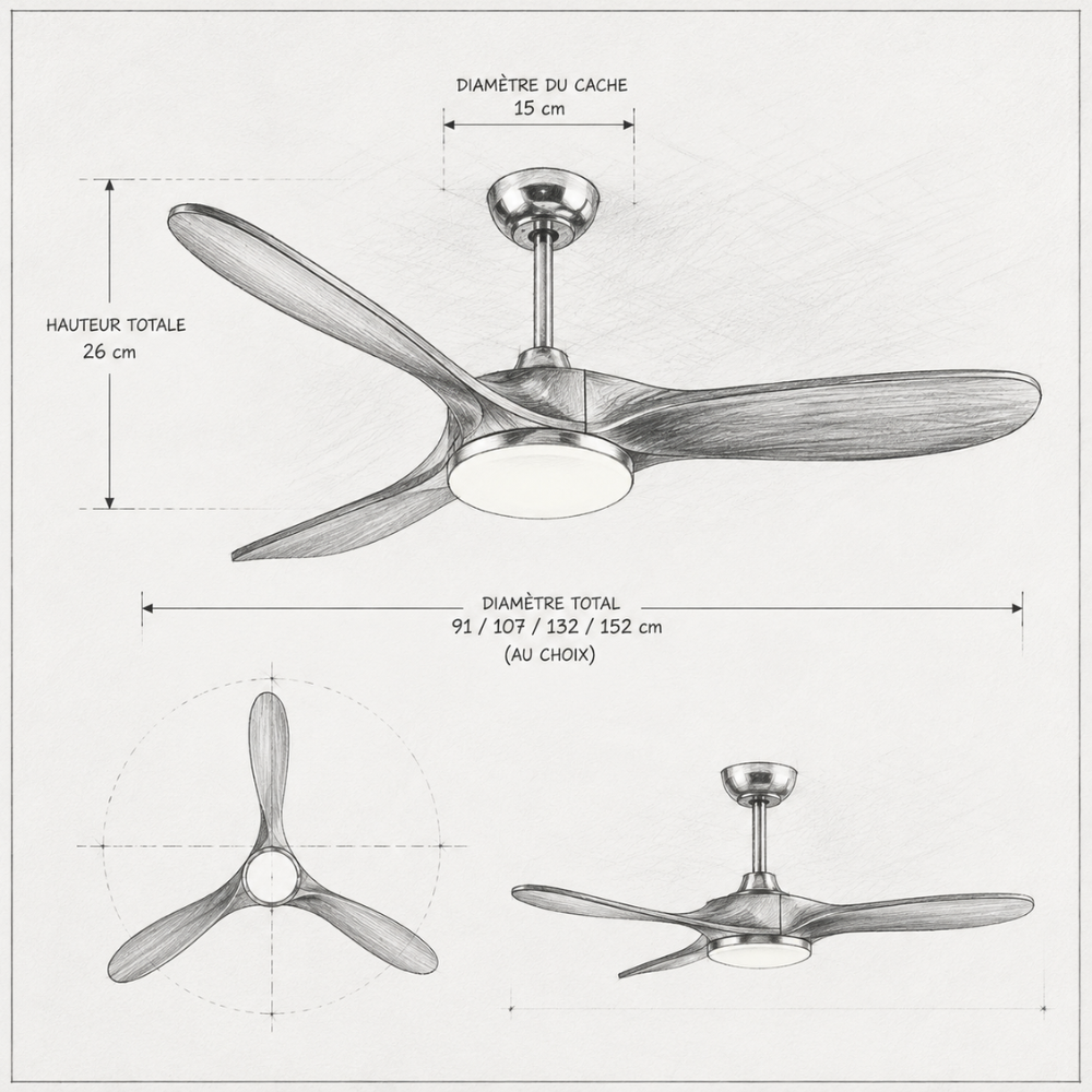 Ventilateur de plafond LED DC 3 pales bois massif – vue détaillée 2