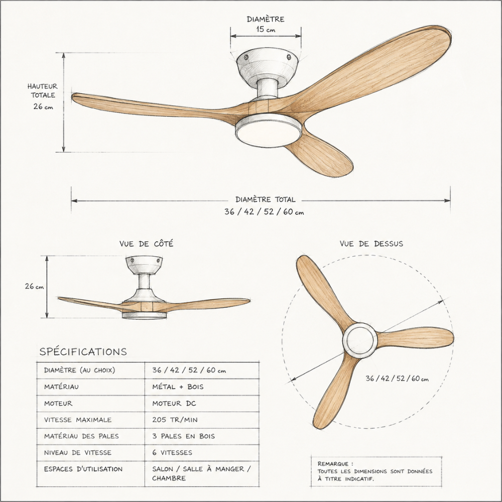 Ventilateur de plafond LED DC 3 pales bois massif, structure blanche – vue 4