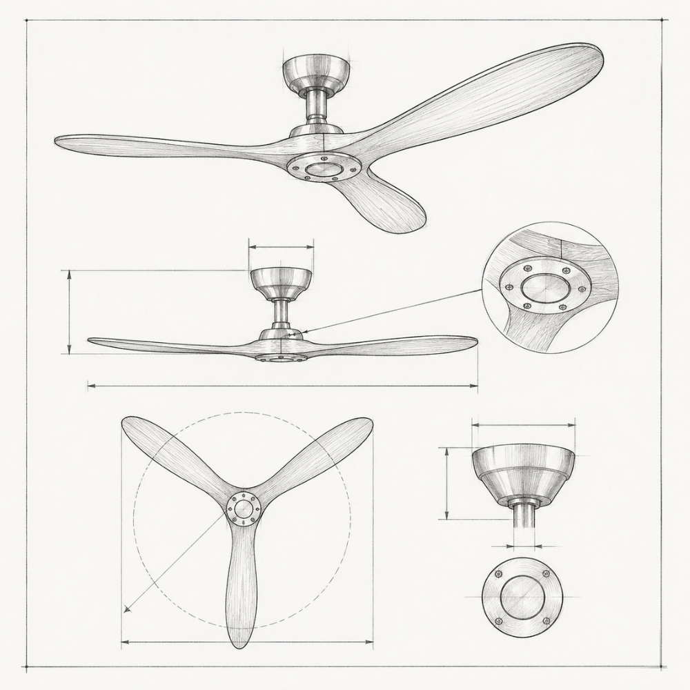 Ventilateur de plafond DC 3 pales bois massif, finition nickel sable – vue 6