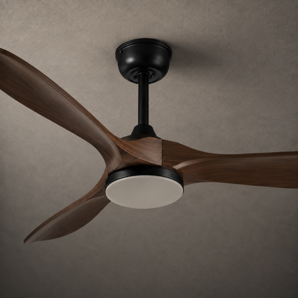 Ventilateur de plafond LED DC 3 pales bois massif, finition noyer noir – vue 2