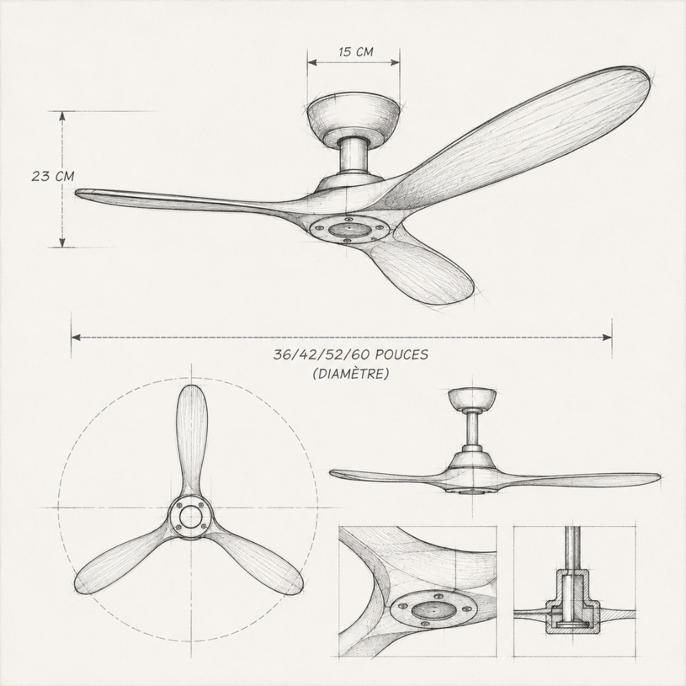 Ventilateur de plafond DC 3 pales bois massif – vue détaillée