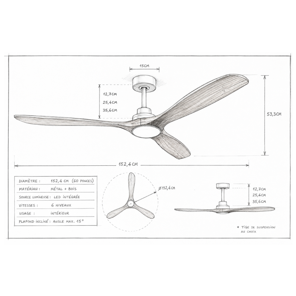 Ventilateur de plafond LED DC en bois – vue détaillée