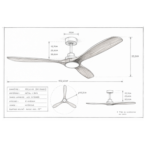 Ventilateur de plafond LED DC – Bois Foncé