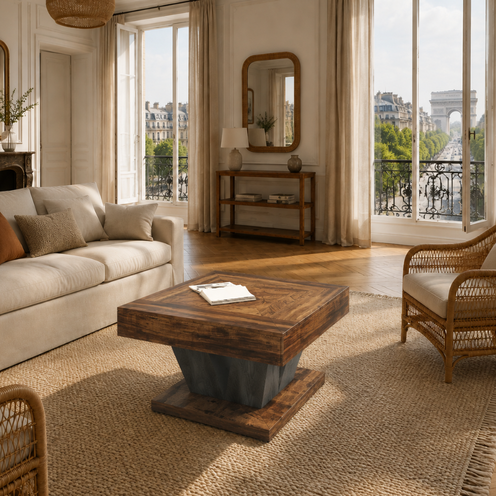 Table basse carrée rustique bois et noir 80 cm – vue 4