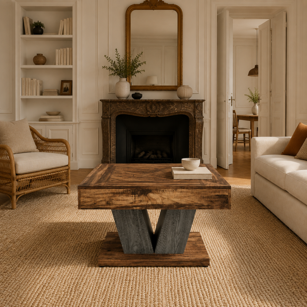 Table basse carrée rustique bois et noir 80 cm – vue 5