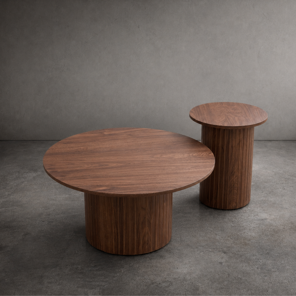 Duo de tables basses gigognes rondes bois foncé