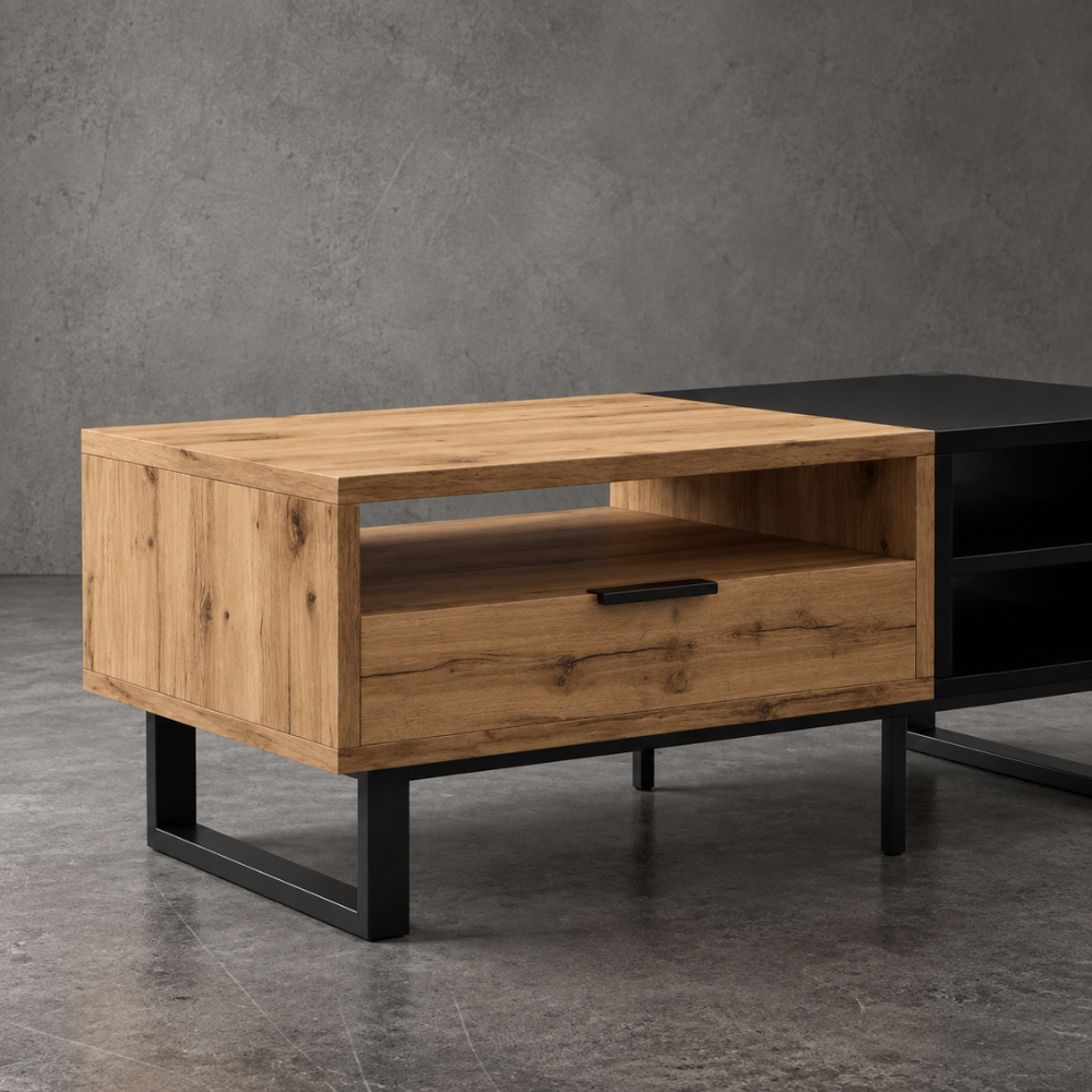 Table basse rectangulaire bois et noir avec tiroir 100x50 cm – vue 2