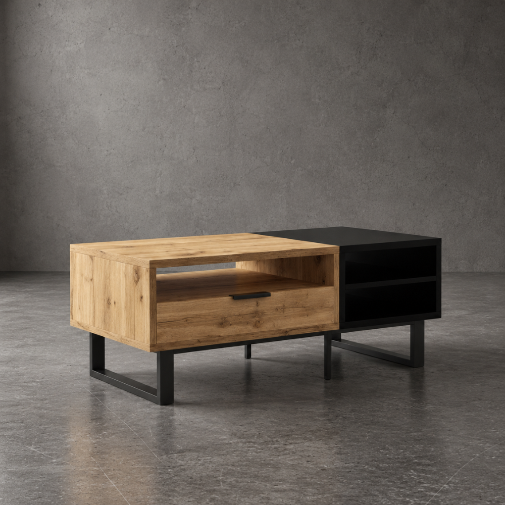 Table basse rectangulaire bois et noir avec tiroir 100x50 cm