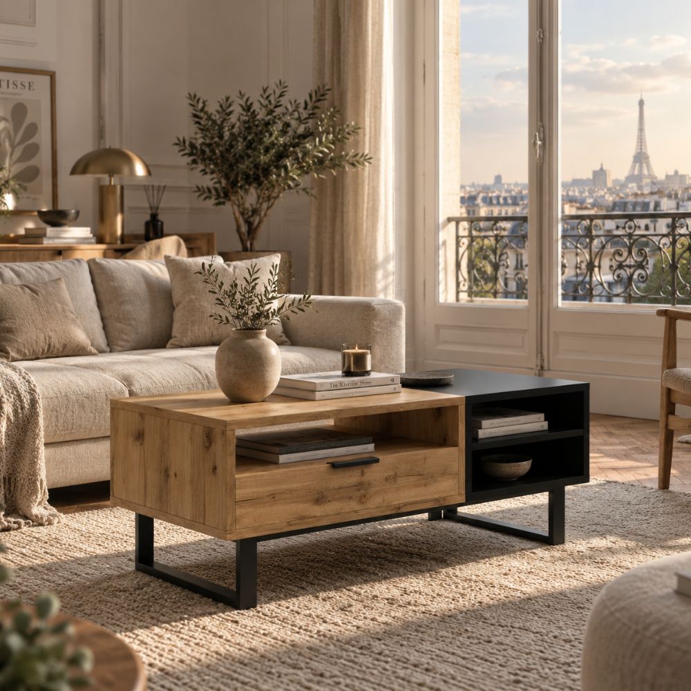 Table basse rectangulaire bois et noir avec tiroir 100x50 cm – vue 3