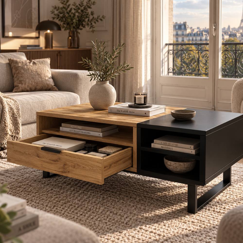 Table basse rectangulaire bois et noir avec tiroir 100x50 cm – vue 4