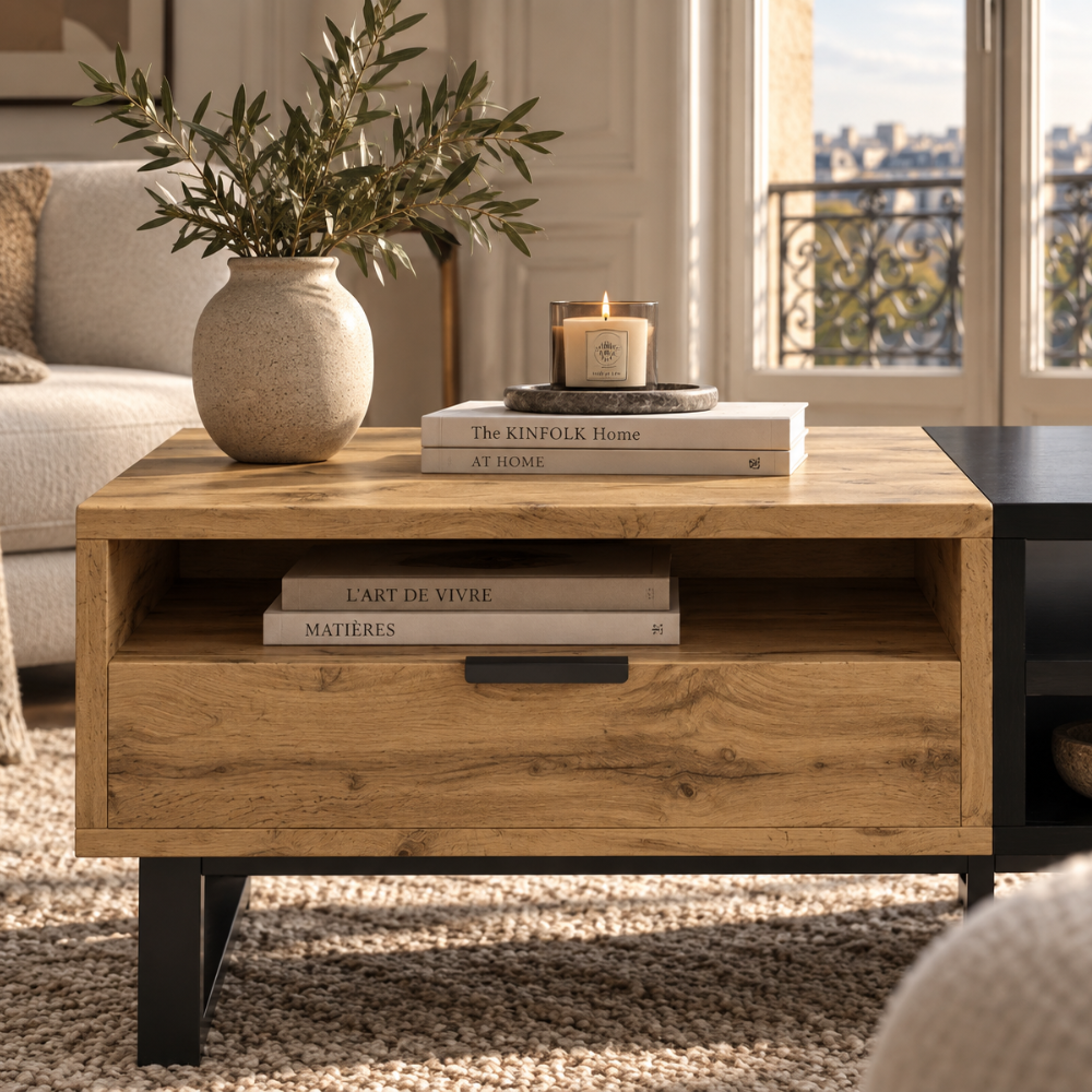 Table basse rectangulaire bois et noir avec tiroir 100x50 cm – vue 5