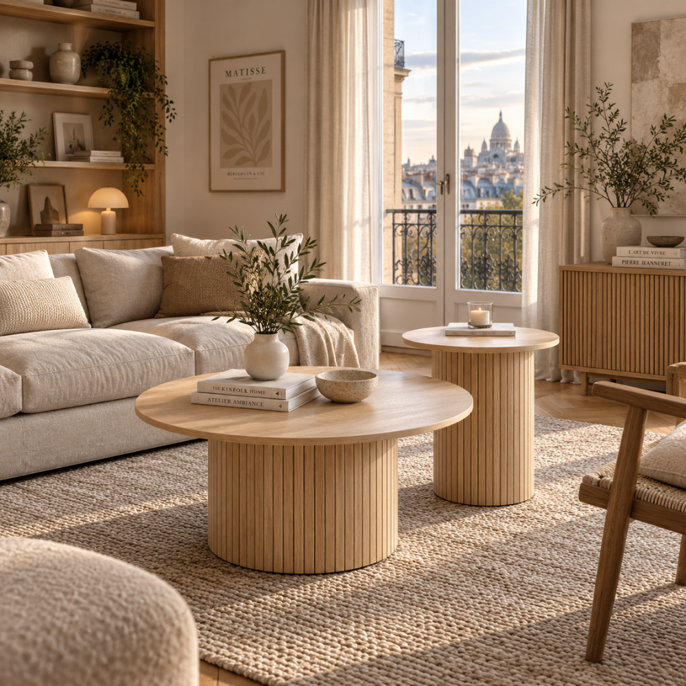 Duo de tables basses gigognes rondes bois clair – vue 2