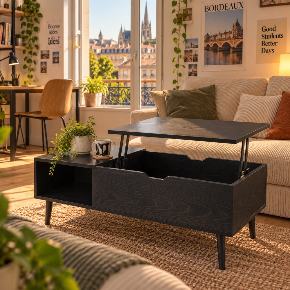 Table basse relevable noire avec rangement – vue 2