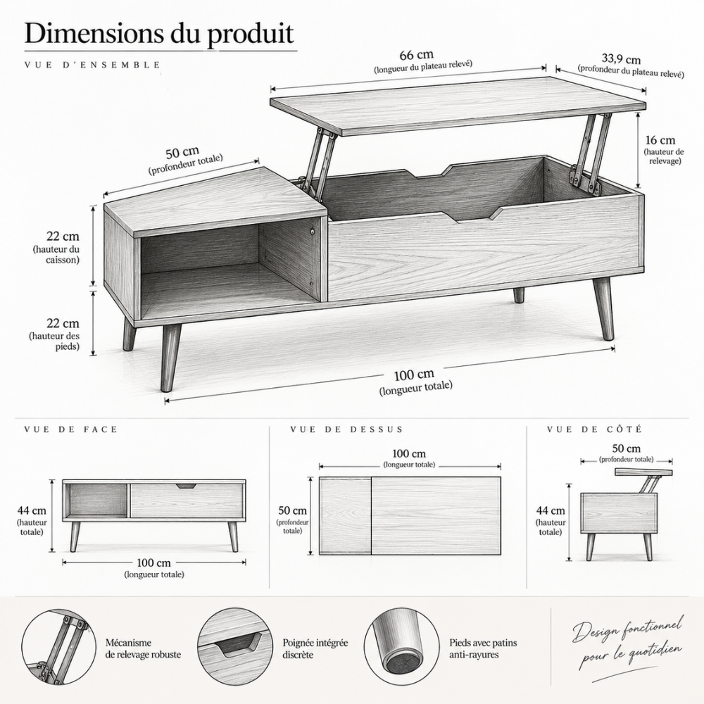Table basse relevable avec rangement – vue détaillée