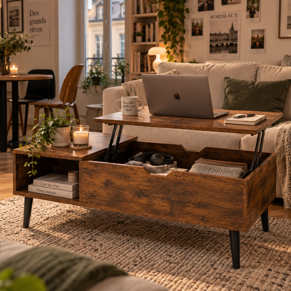 Table basse relevable chocolat avec rangement – vue 2