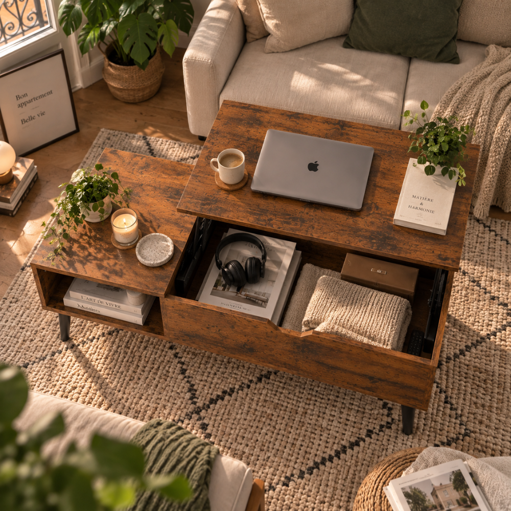 Table basse relevable chocolat avec rangement – vue 4