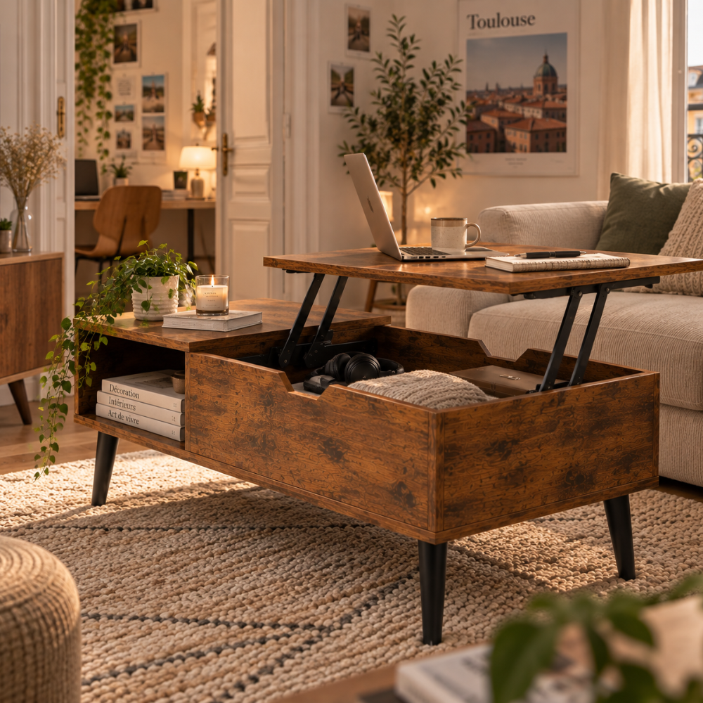 Table basse relevable chocolat avec rangement – vue 6