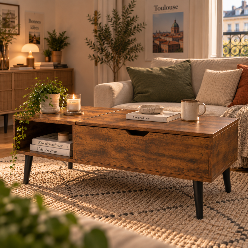 Table basse relevable chocolat avec rangement – vue 5