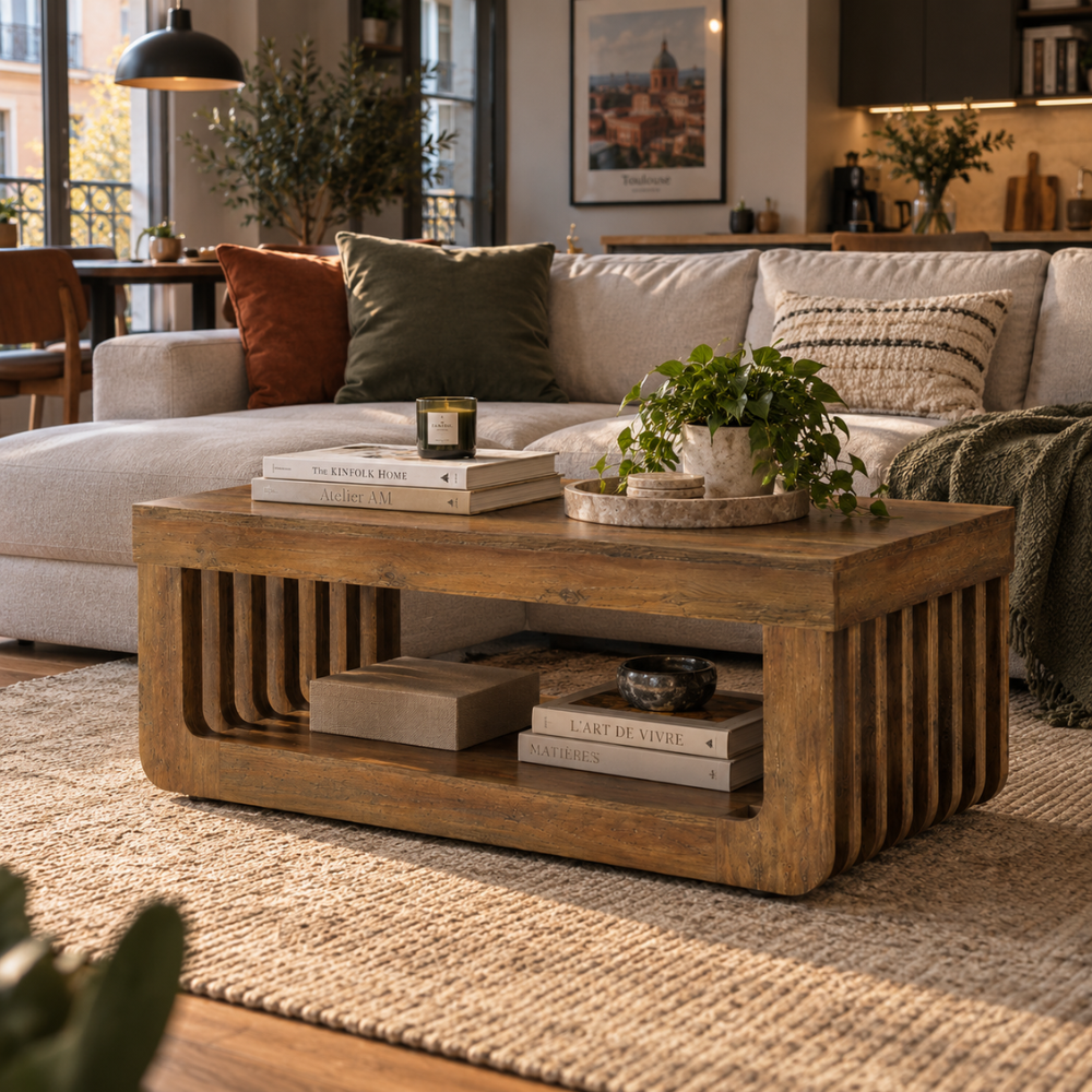 Table basse rectangulaire bois rustique 2 niveaux 120x60 cm – vue 3