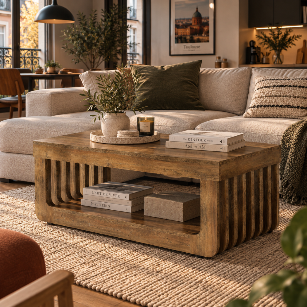 Table basse rectangulaire bois rustique 2 niveaux 120x60 cm – vue 5
