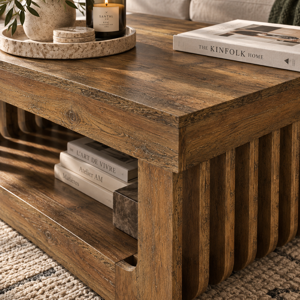 Table basse rectangulaire bois rustique 2 niveaux 120x60 cm – vue 6