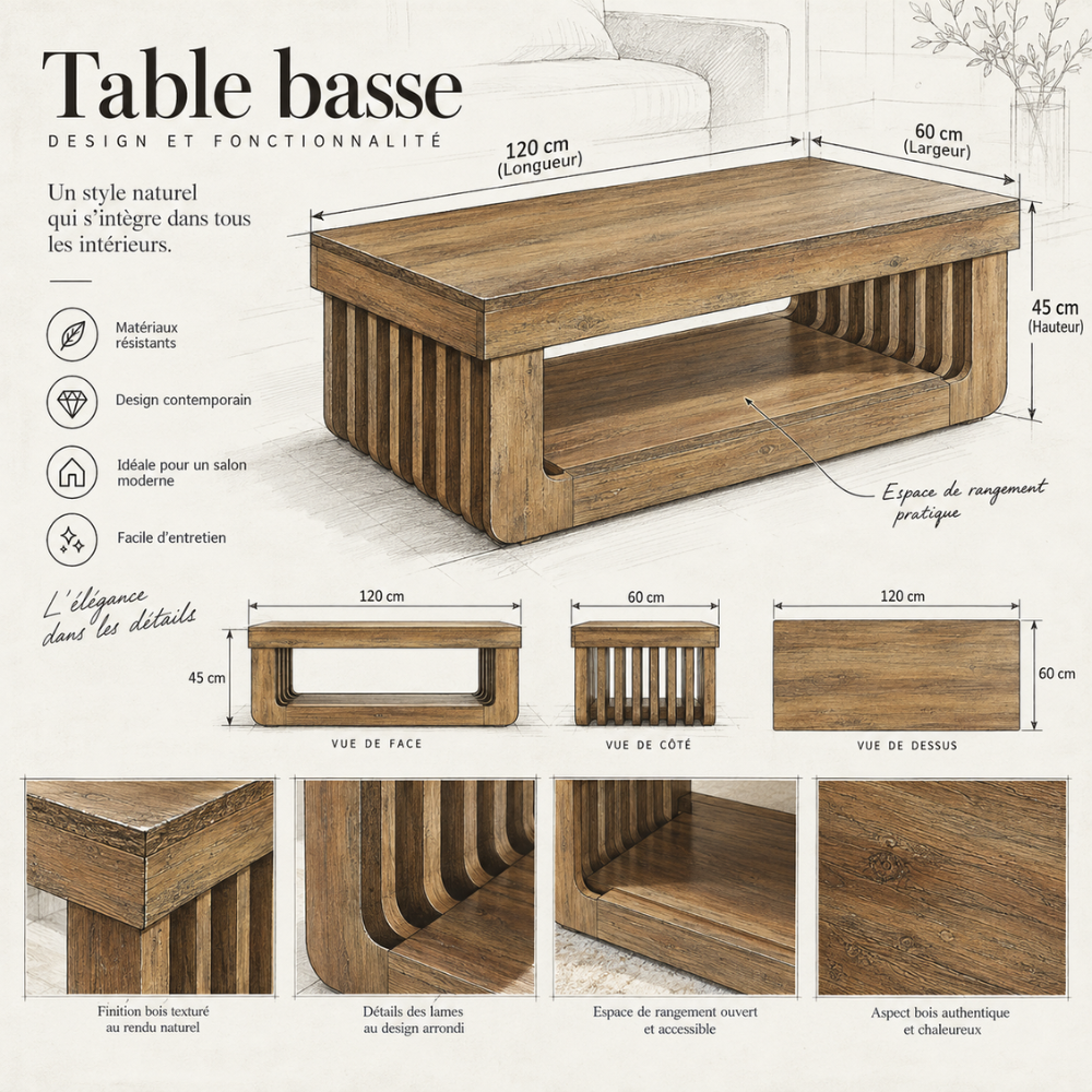 Table basse rectangulaire bois rustique 2 niveaux 120x60 cm – vue 7