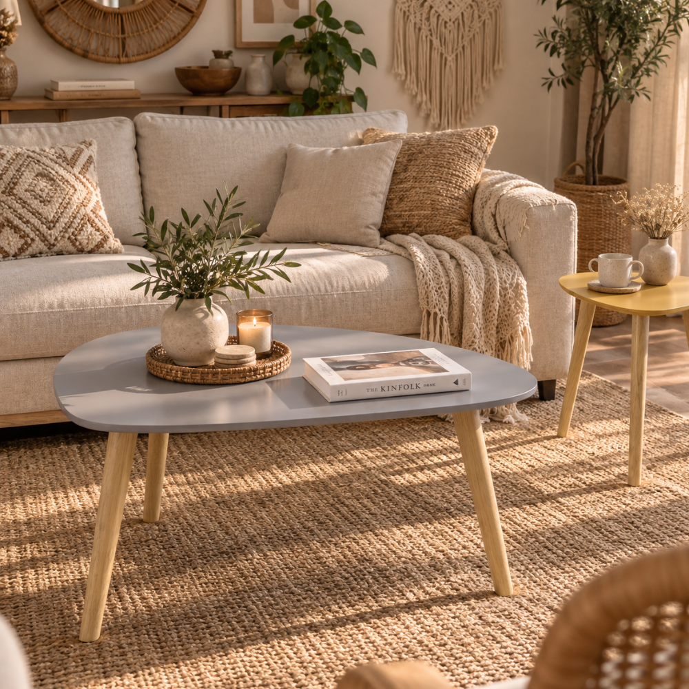 Duo de tables gigognes scandinaves triangulaires bois gris et jaune – vue 4