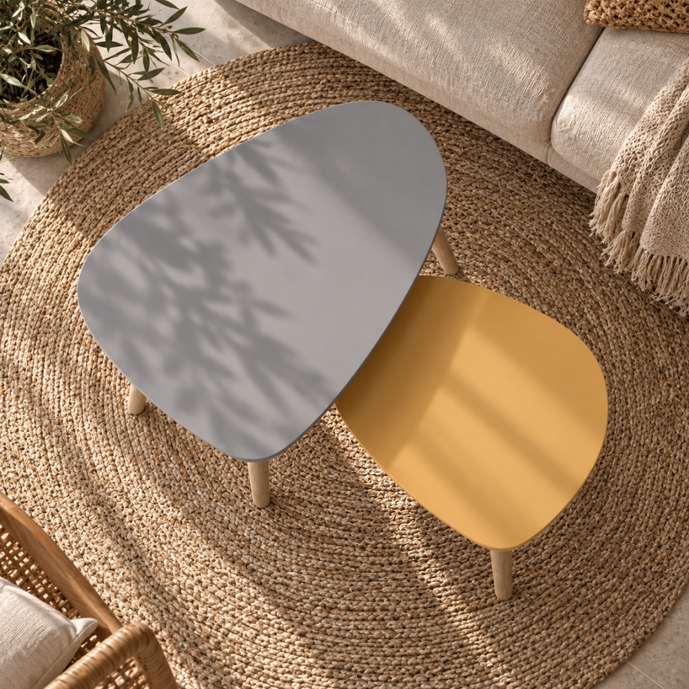 Duo de tables gigognes scandinaves triangulaires bois gris et jaune – vue 7