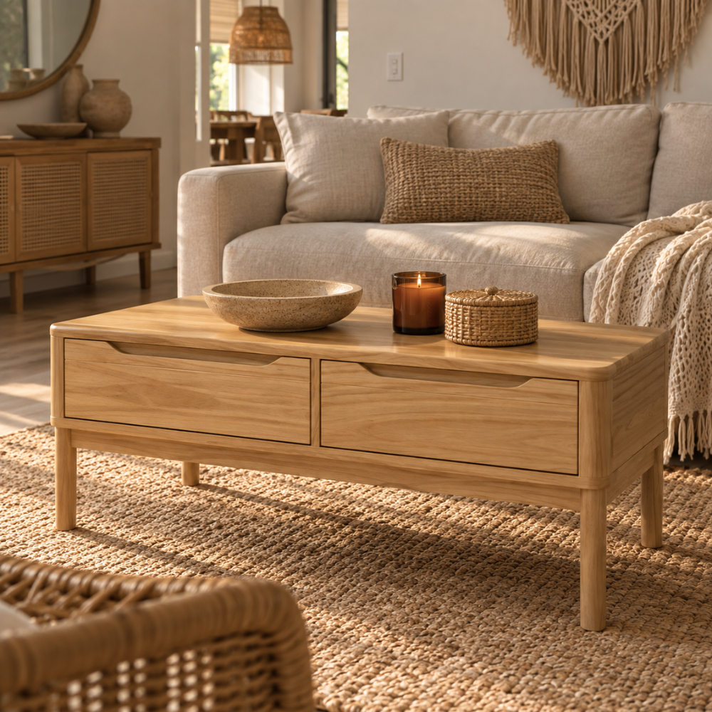 Table basse en pin massif marron avec rangement – vue 3