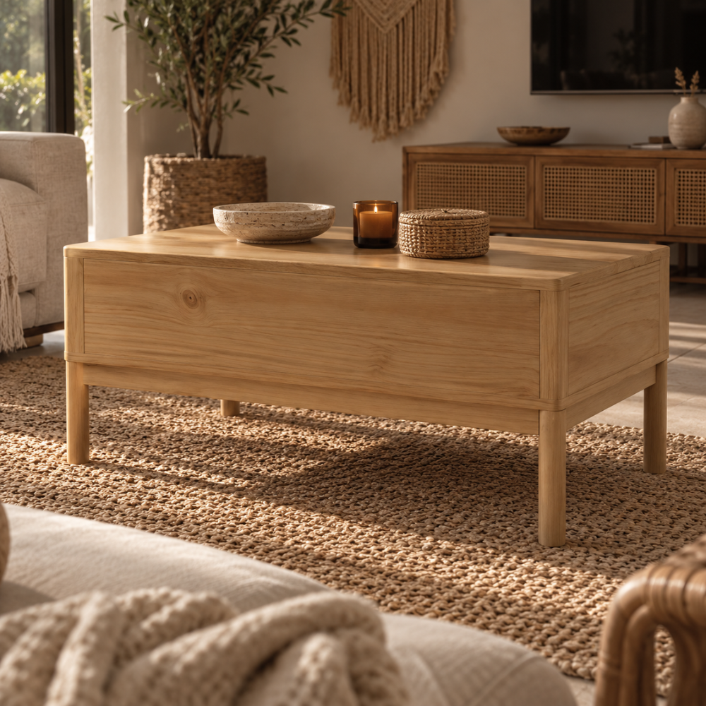 Table basse en pin massif marron avec rangement – vue 5