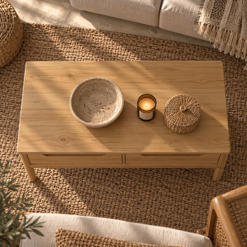 Table basse en pin massif marron avec rangement – vue 4