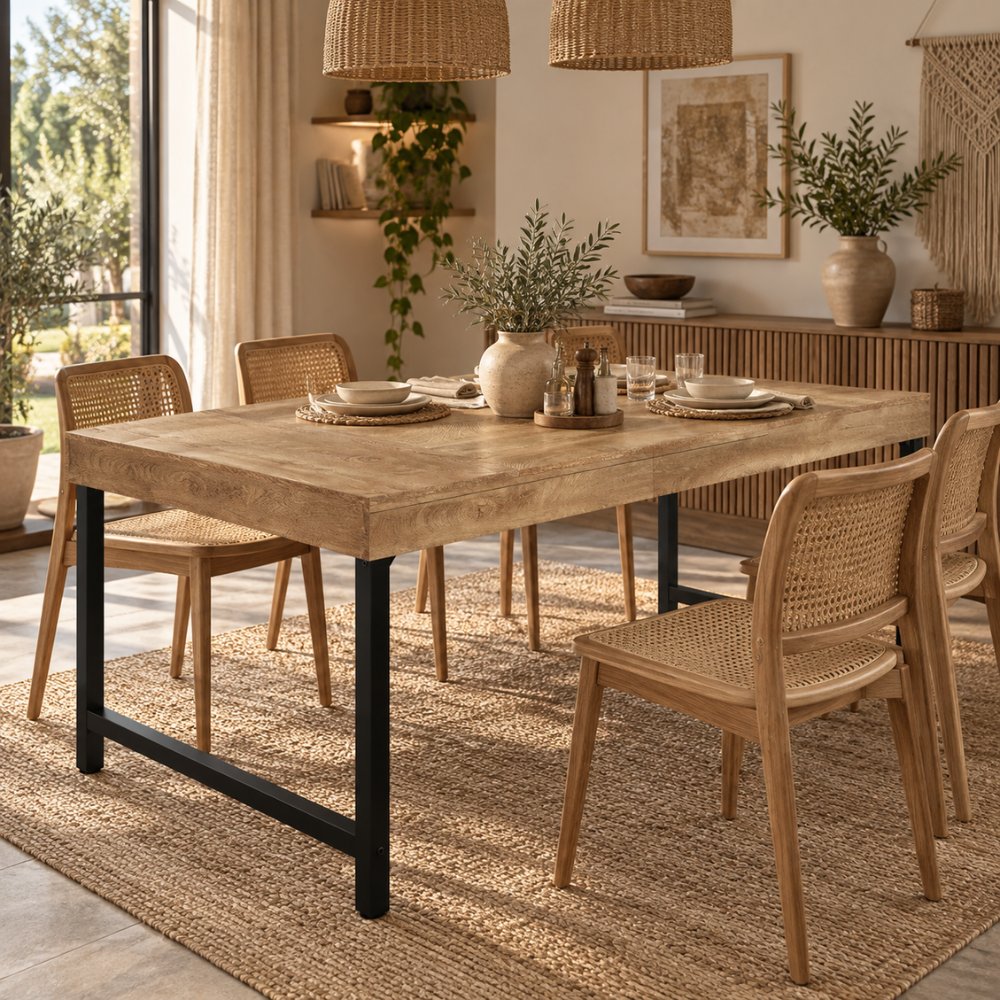 Table à manger industrielle bois rustique et métal noir – vue 2