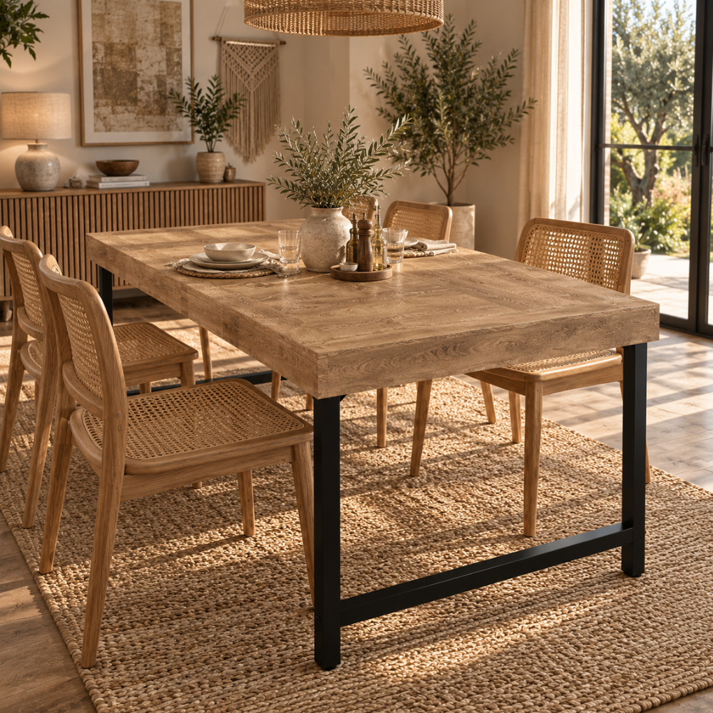 Table à manger industrielle bois rustique et métal noir – vue 3