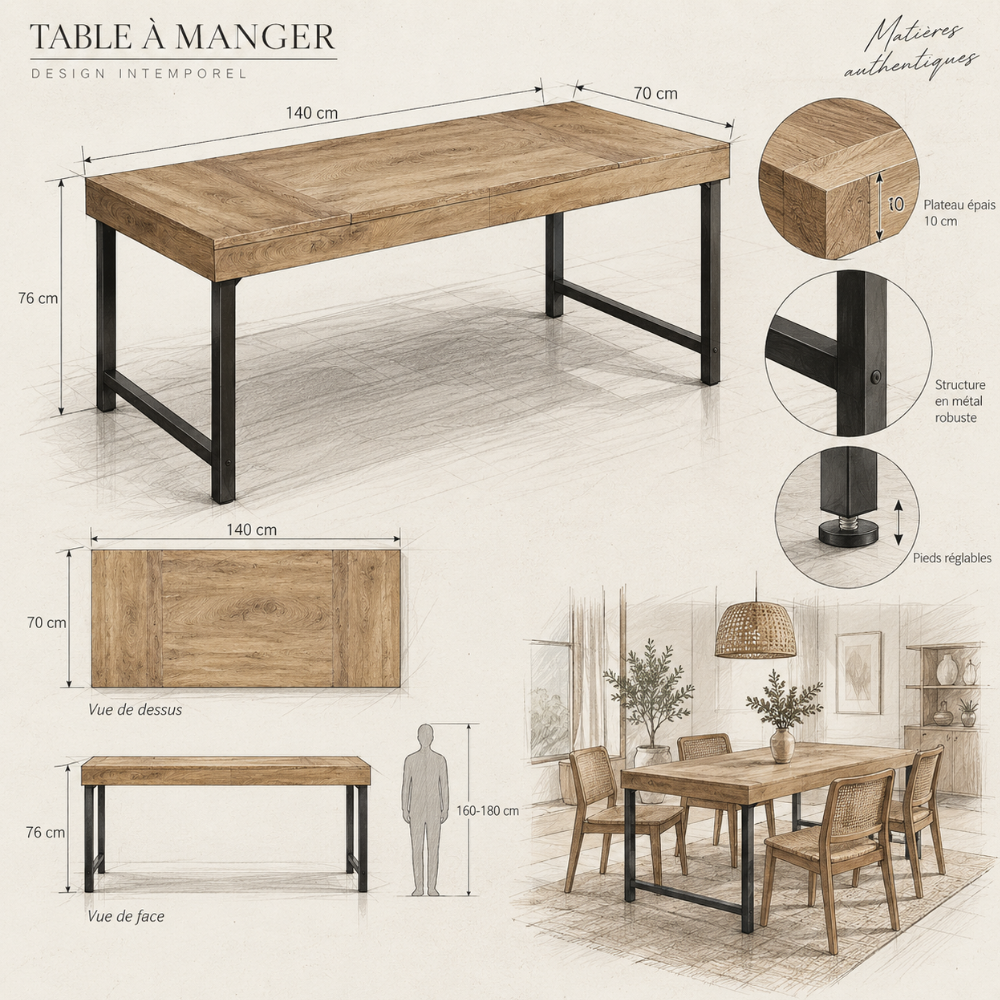 Table à manger industrielle bois rustique et métal noir – vue 6