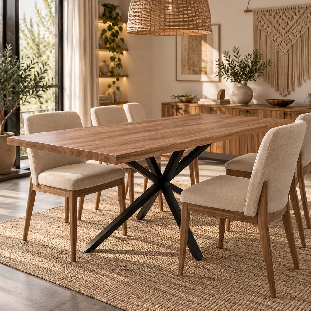Table à manger rectangulaire bois foncé et métal noir – vue 2