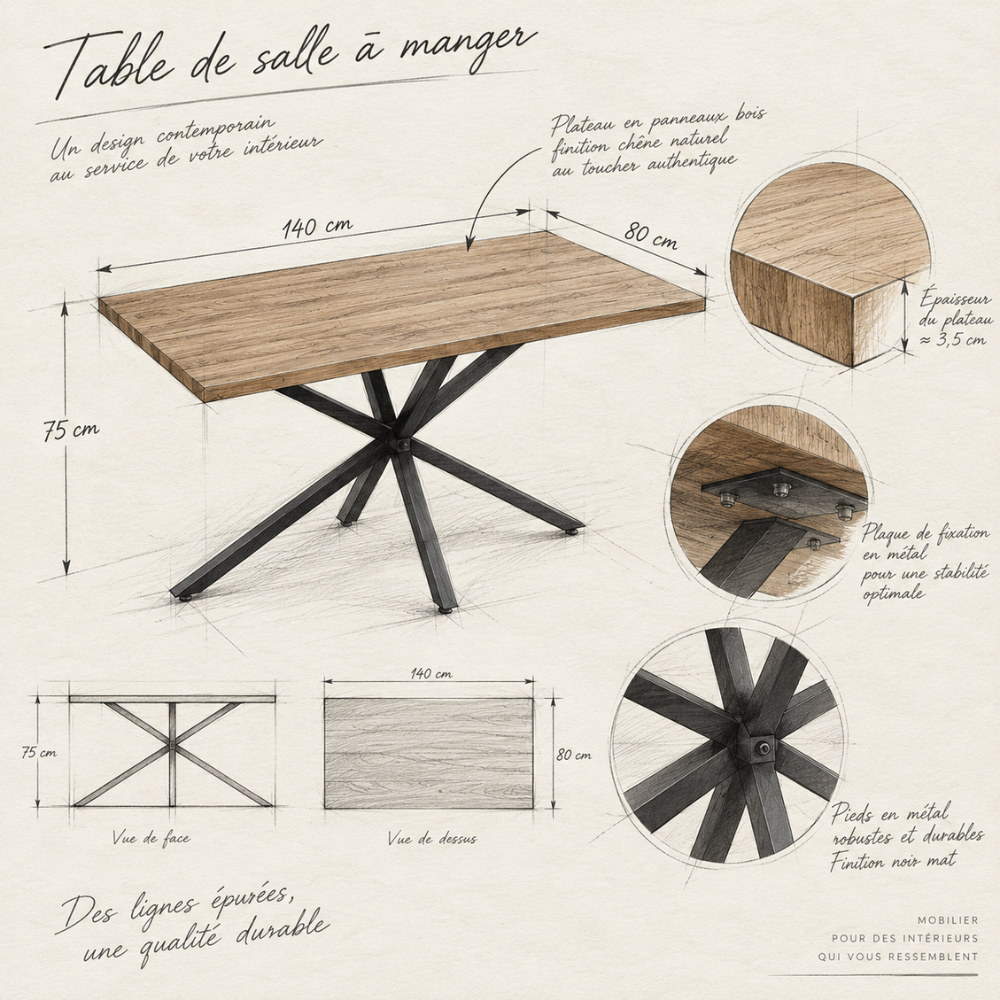 Table à manger rectangulaire bois foncé et métal noir – vue 7