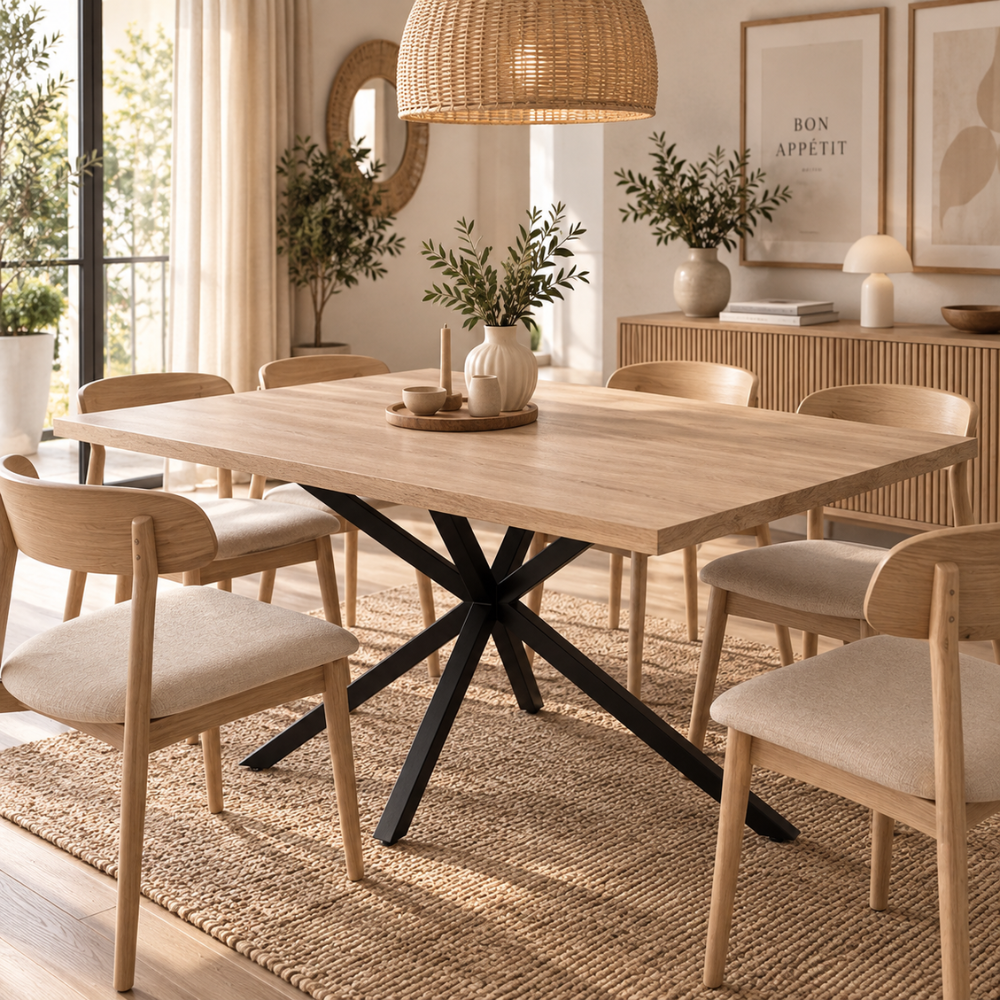 Table à manger rectangulaire bois clair et métal noir – vue 2