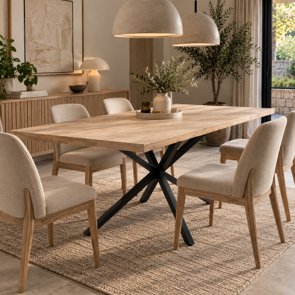 Table à manger rectangulaire bois clair et métal noir – vue 3