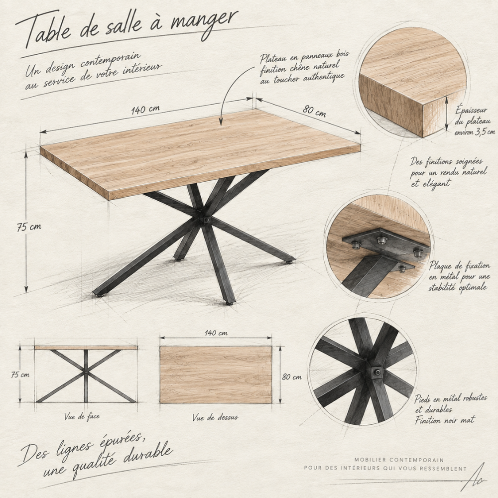 Table à manger rectangulaire bois clair et métal noir – vue 6