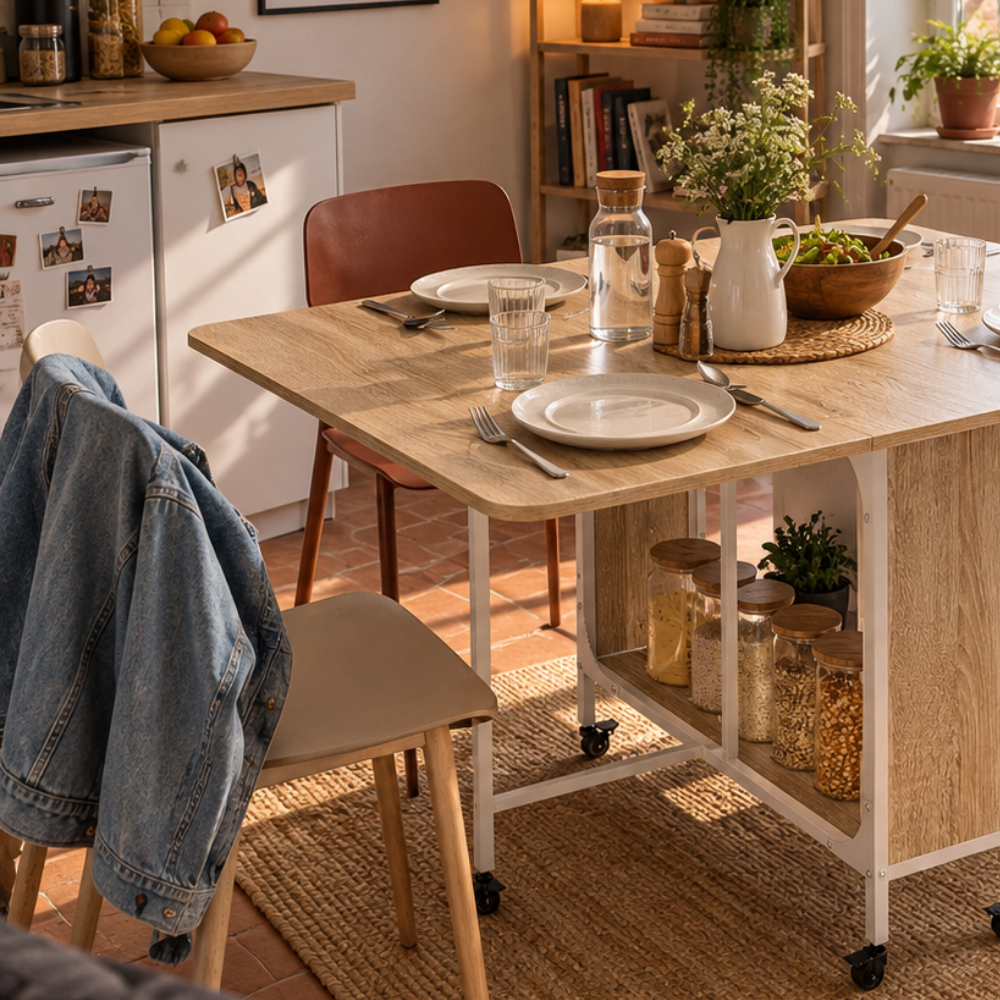 Table pliante bois naturel sur roulettes – vue 3