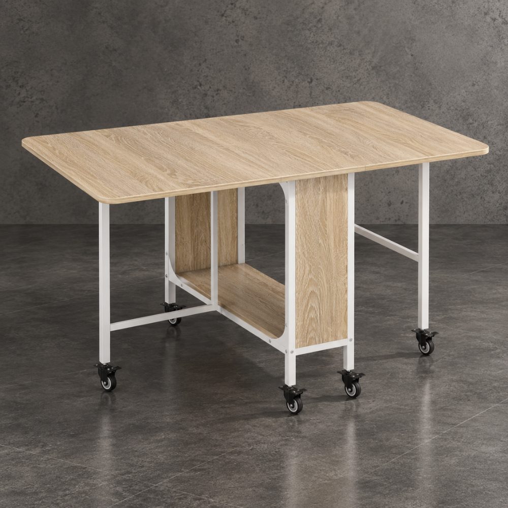 Table pliante bois naturel sur roulettes