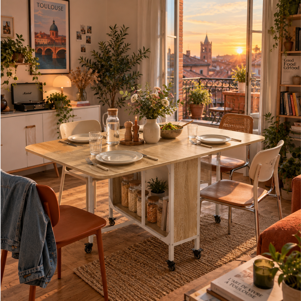 Table pliante bois naturel sur roulettes – vue 2