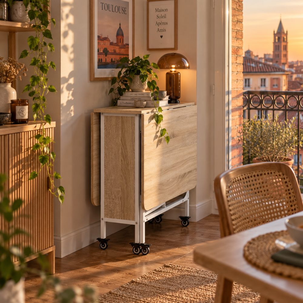 Table pliante bois naturel sur roulettes – vue 6