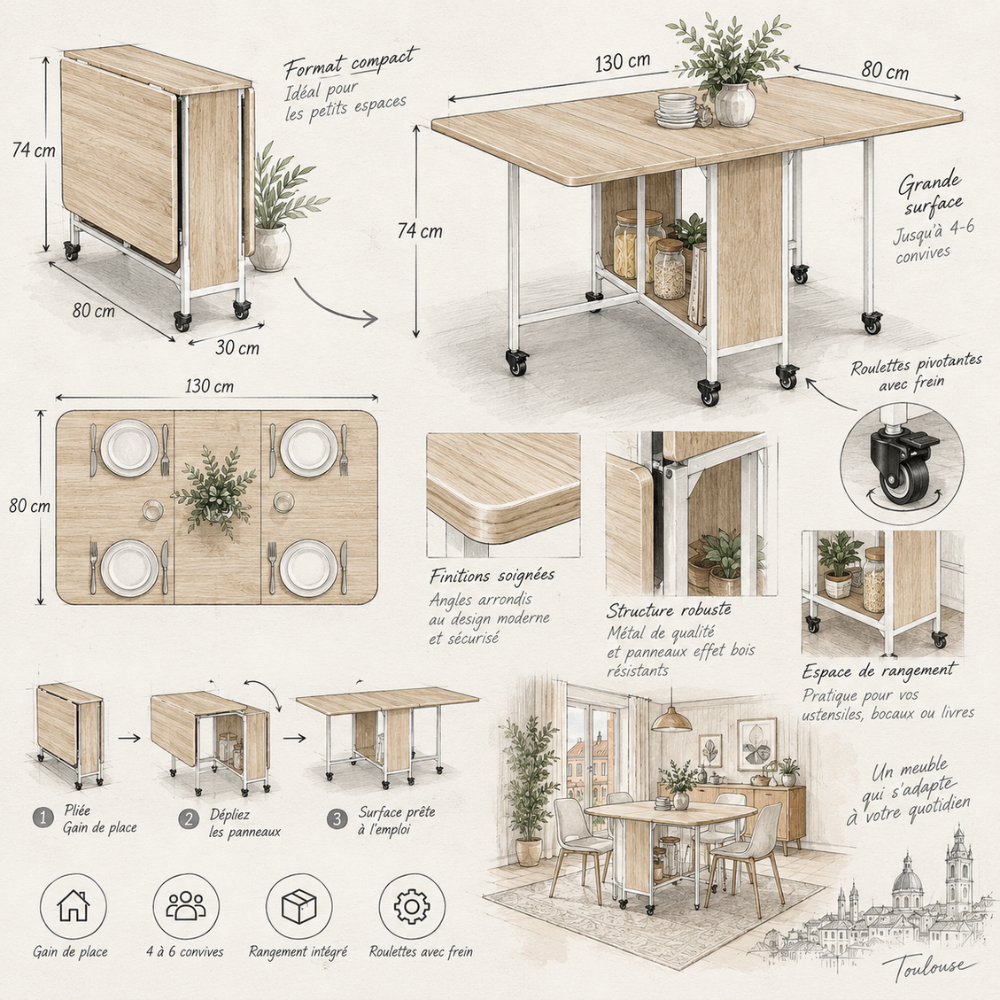 Table pliante bois naturel sur roulettes – vue 7