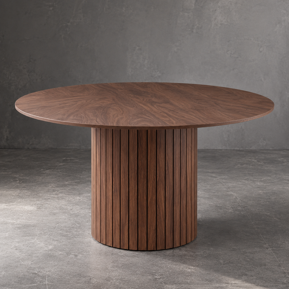 Table à manger ronde scandinave bois, pieds brun foncé