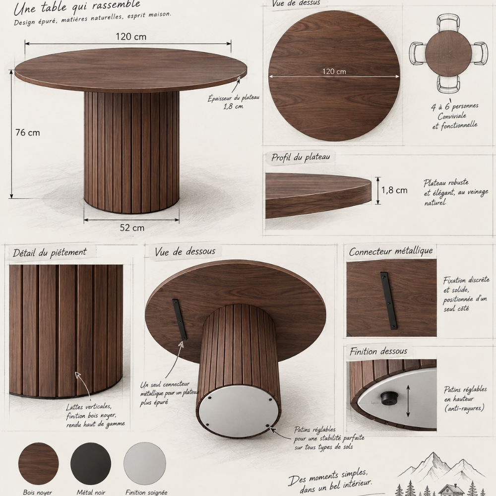 Table à manger ronde scandinave bois, pieds brun foncé – vue 7