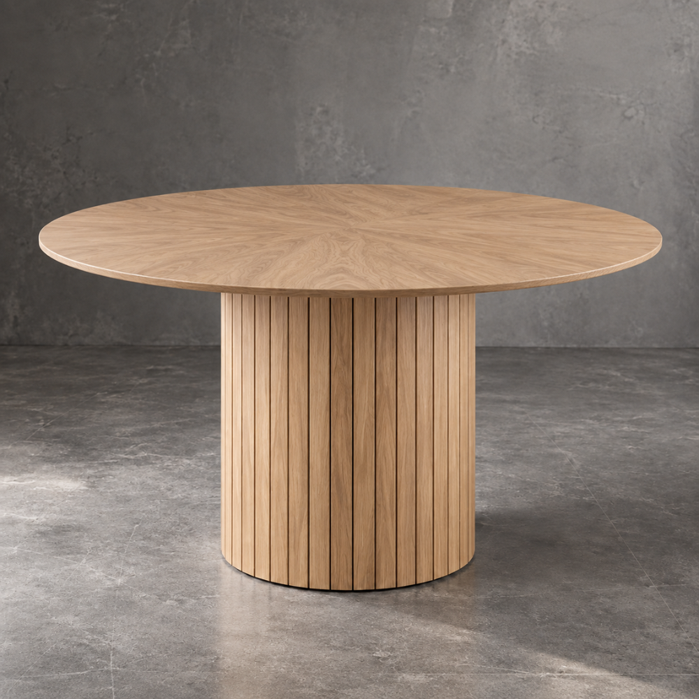 Table à manger ronde scandinave bois, pieds brun clair
